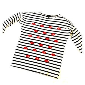 J. Crew Lips Embroidered B&W Striped Top